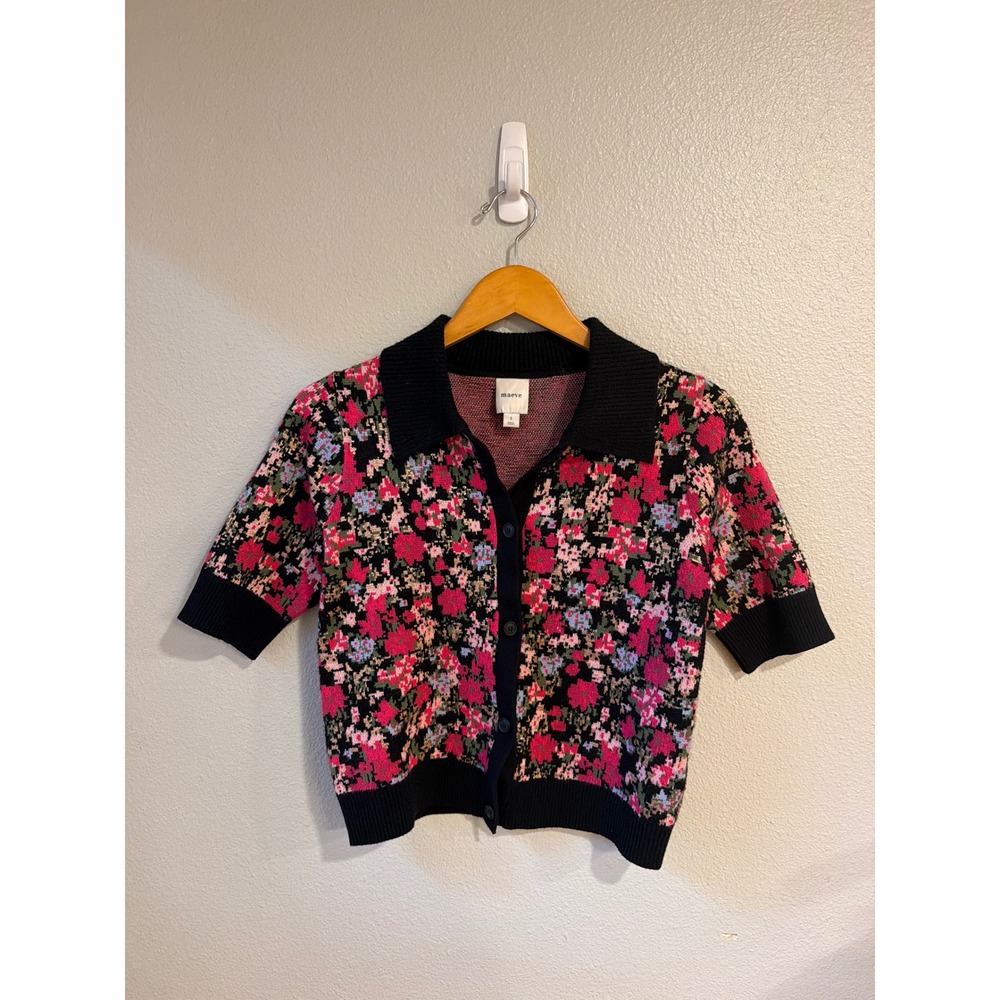 Maeve Anthropologie Floral Cardigan Women Sm Short Sleeve Button Sweater Cottage